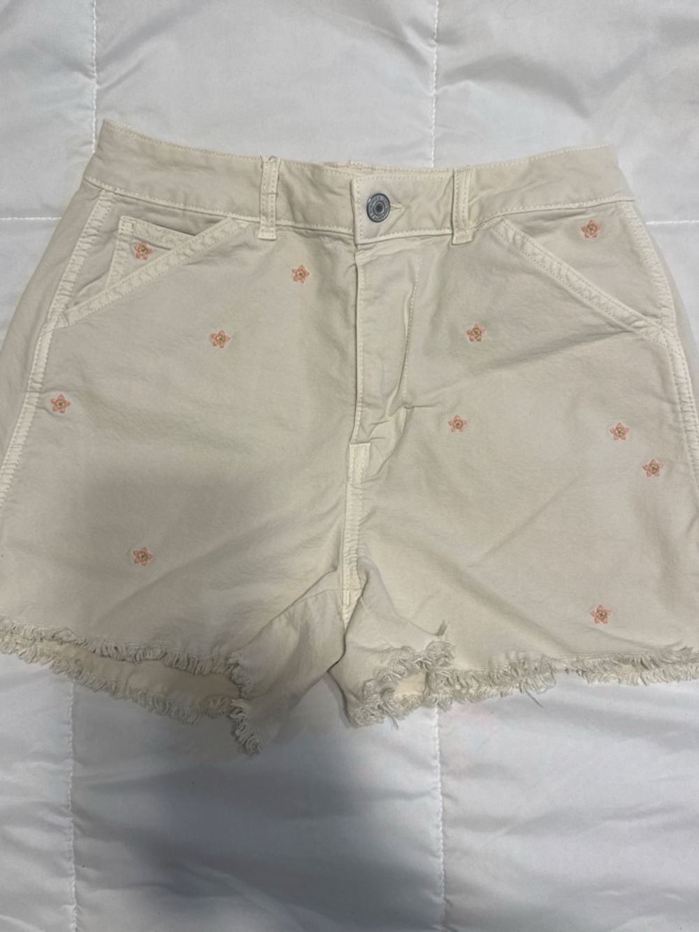 American Eagle Outfitters Cream Jean Shorts with Pink Floral Embroidery